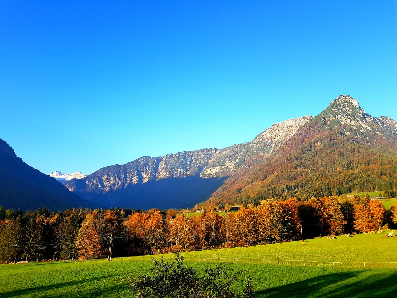 Herbstfarben im Tal unter den Bergen