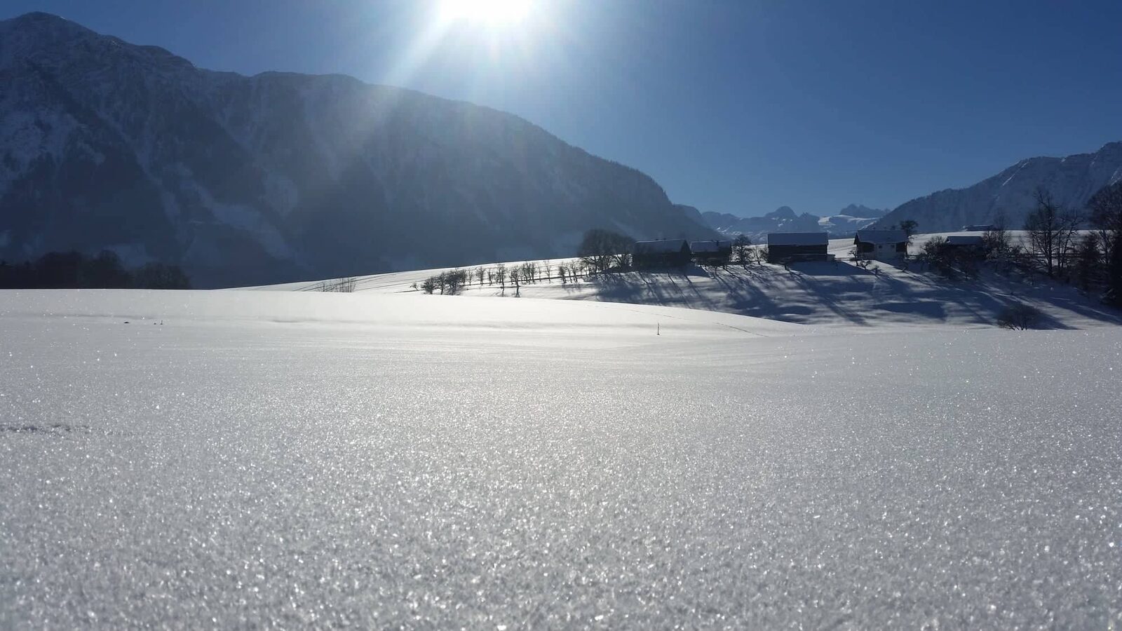 Sonniger Wintertag auf der Wiese beim Haus